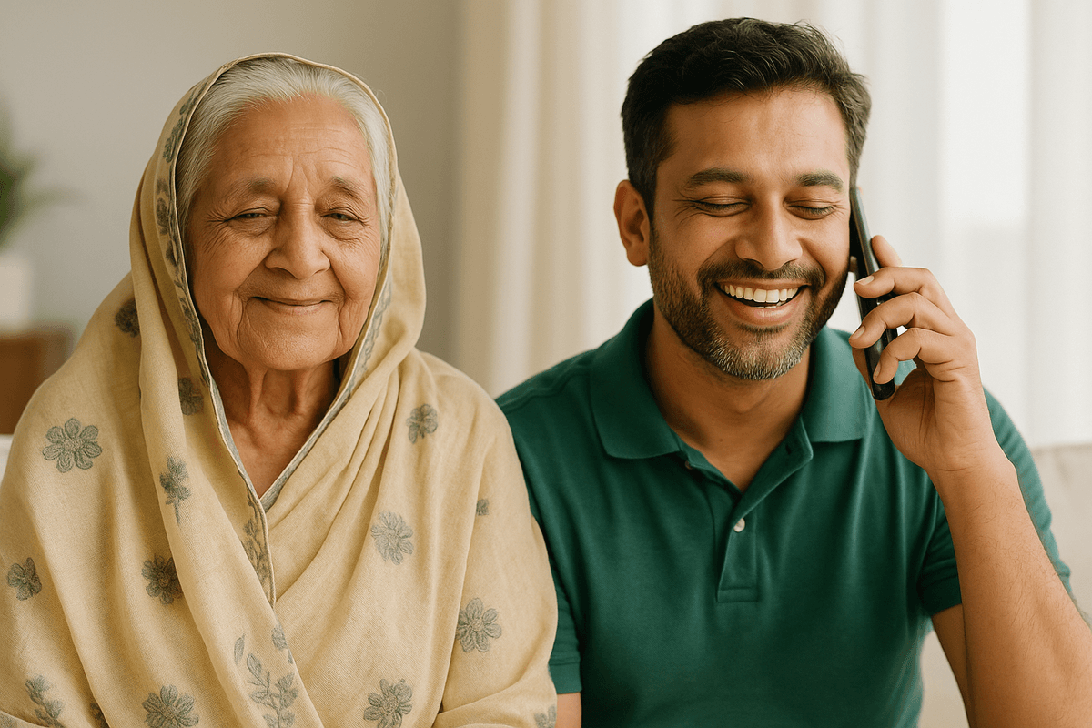 Elderly woman and man on phone